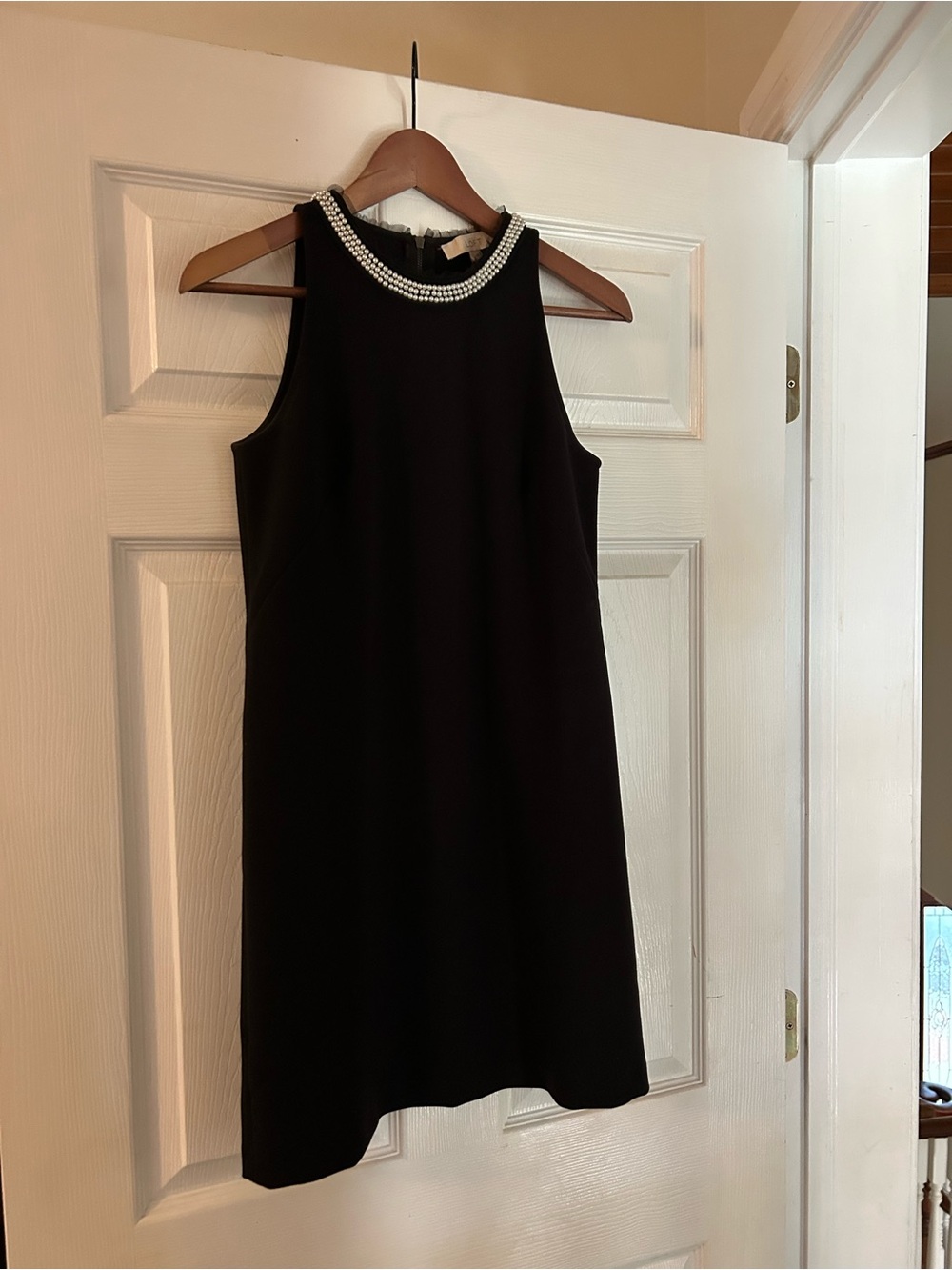 LOFT Black Sleeveless Shift Dress with Pearl Collar